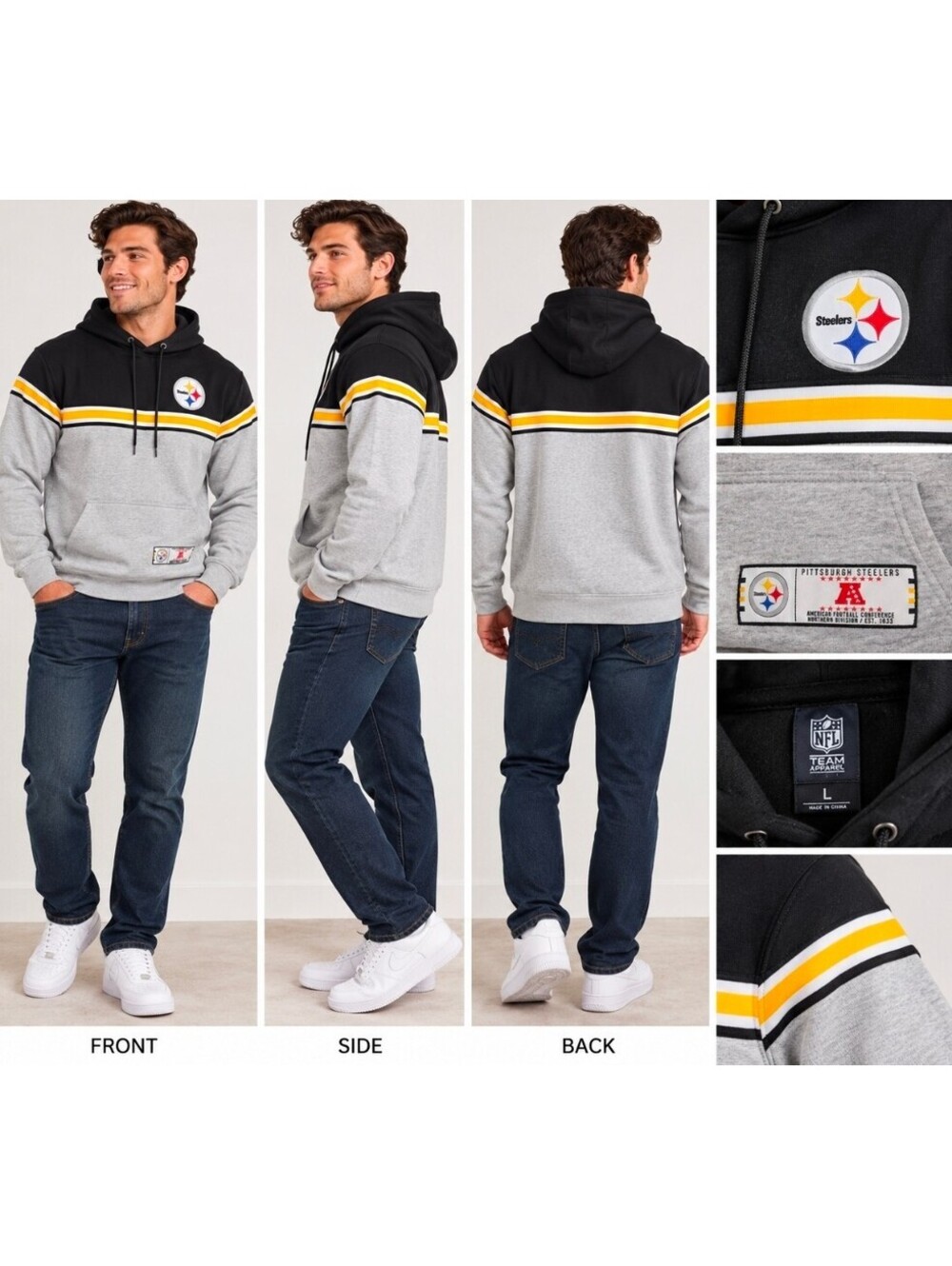 Pittsburgh Steelers NFL Team Apparel Men’s L Colorblock Pullover Hoodie Gray Blk